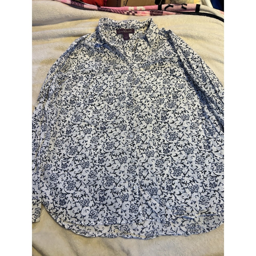 Gloria Vanderbilt Womens Large Blue White Floral Button Up Blouse‎ Top